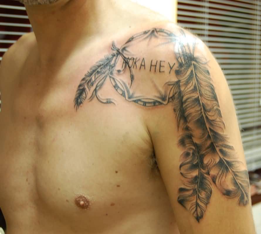 Grey Ink Dreamcatcher Tattoo on Man Left Shoulder