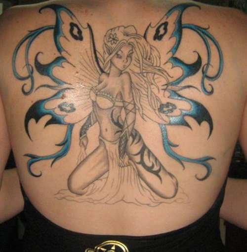 Grey Ink Fairy Tattoo On Girl Full Back