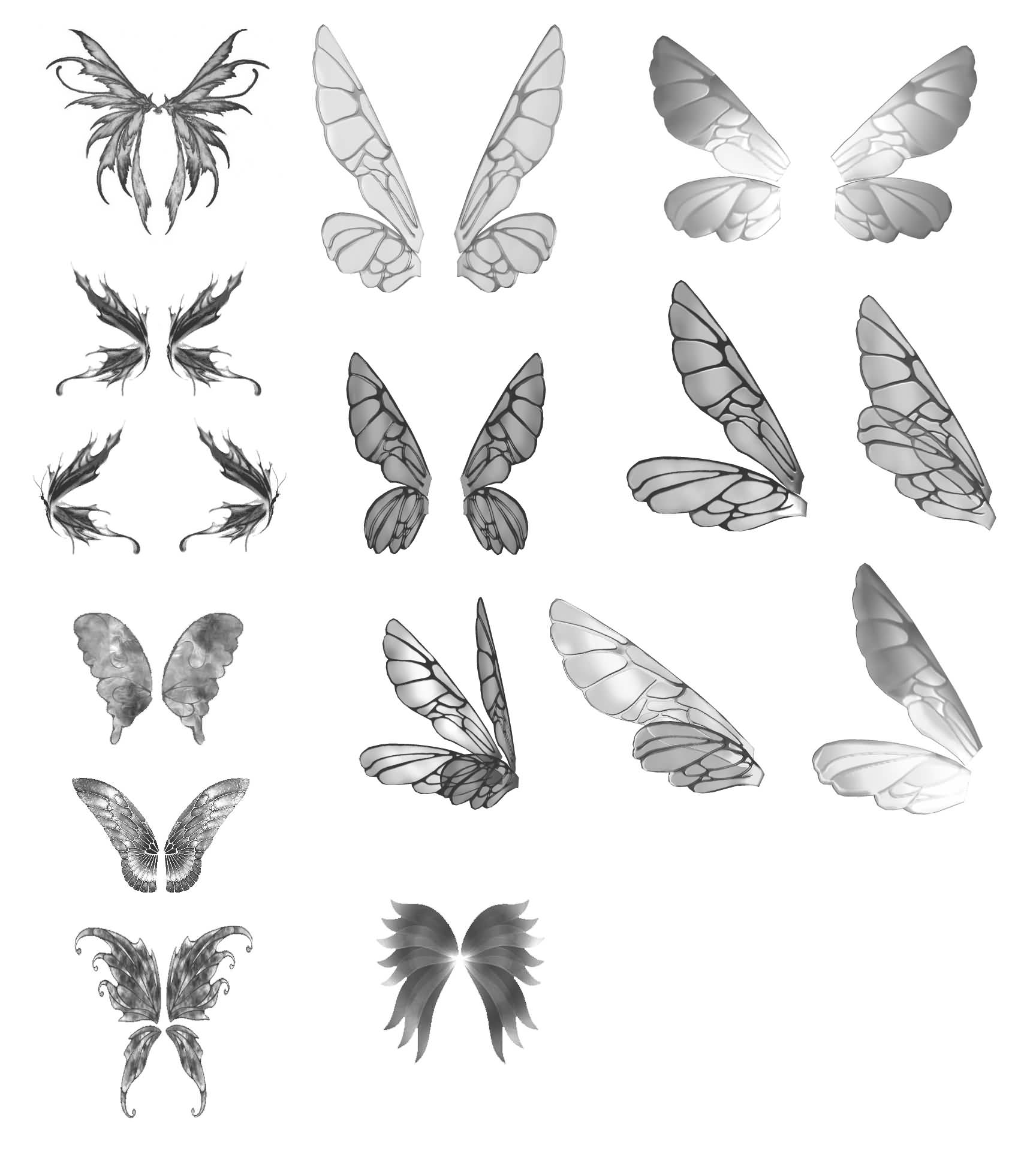 Grey Ink Fairy Wings Tattoo Flash