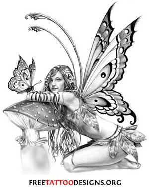 Grey Ink Fairy With Mushroom And Butterfly Tattoo Design For Girl