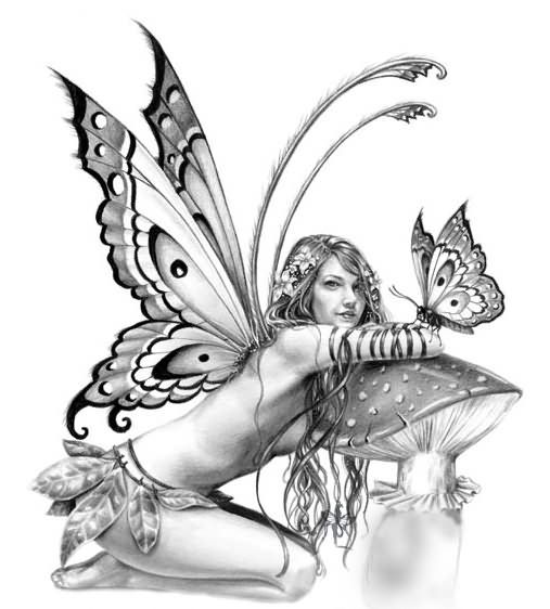 Grey Ink Fairy With Mushroom And Butterfly Tattoo Design