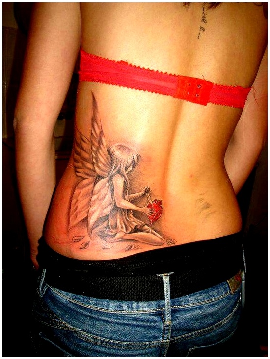 Grey Ink Fairy With Rose Tattoo On Girl Lower Back