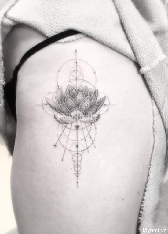 Grey Ink Geometric Lotus Flower Tattoo On Left Hip