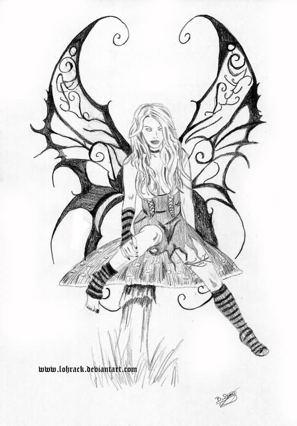 Grey Ink Gothic Fairy On Mushroom Tattoo Design