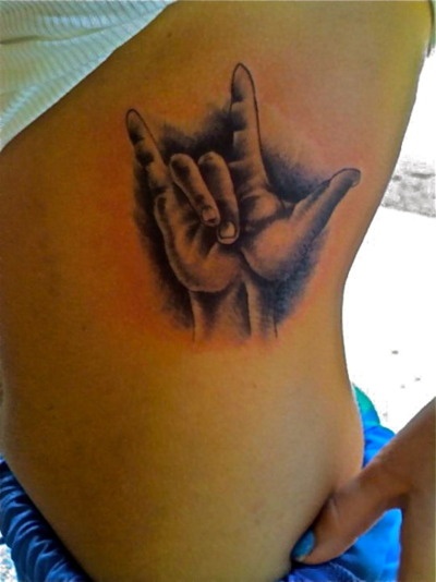Grey Ink I Love You Sign Tattoo On Side Rib