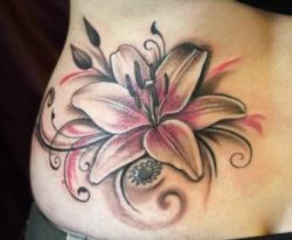 Grey Ink Lily Flower Tattoo On Lower Back