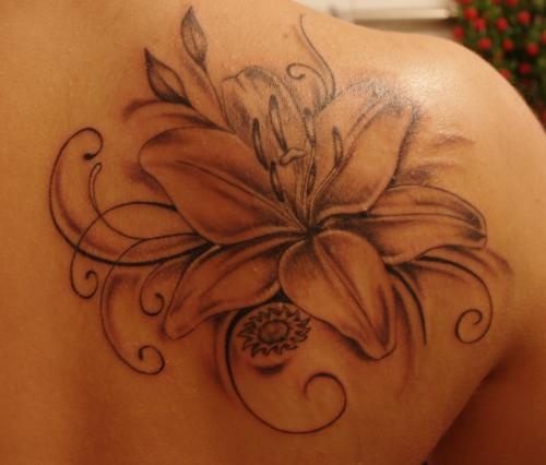 Grey Ink Lily Flower Tattoo On Right Back Shoulder