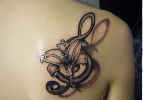 Grey Ink Lily Flower Tattoo On Right Back Shoulder