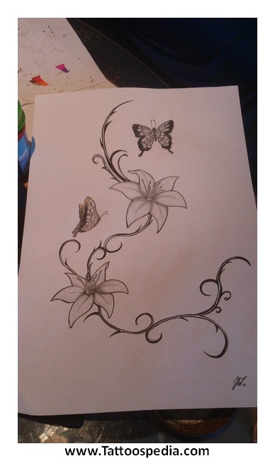 Grey Ink Lily Flowers With Butterflies Tattoo Design