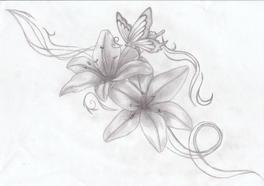 Grey Ink Lily Flowers With Butterfly Tattoo Design
