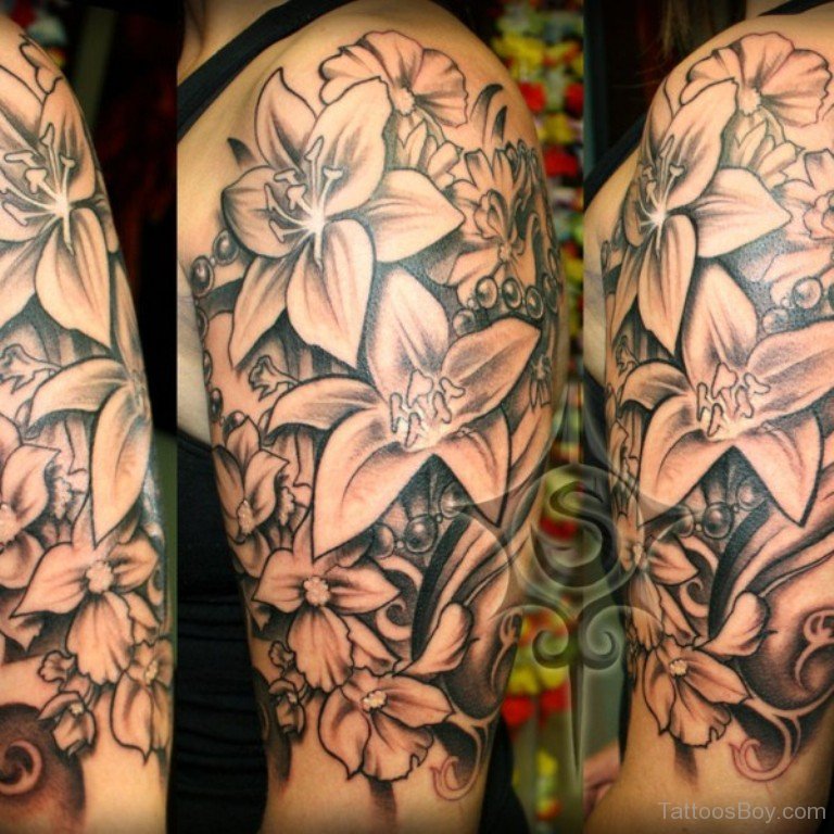 Grey Ink Lily Tattoo On Half Sleeve