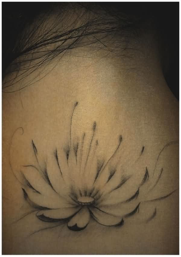 Grey Ink Lotus Flower Tattoo Design For Back Neck By Jodic Chan