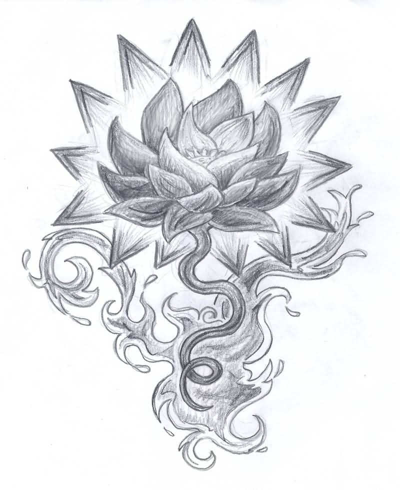Grey Ink Lotus Flower Tattoo Design
