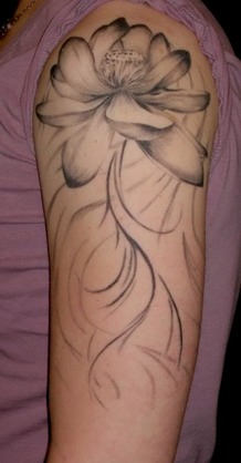 Grey Ink Lotus Flower Tattoo On Left Shoulder