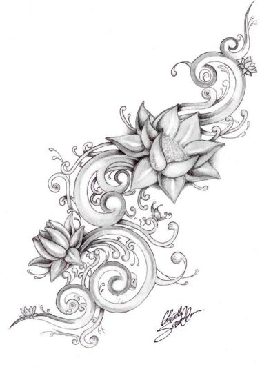Grey Ink Lotus Flowers Tattoo Design