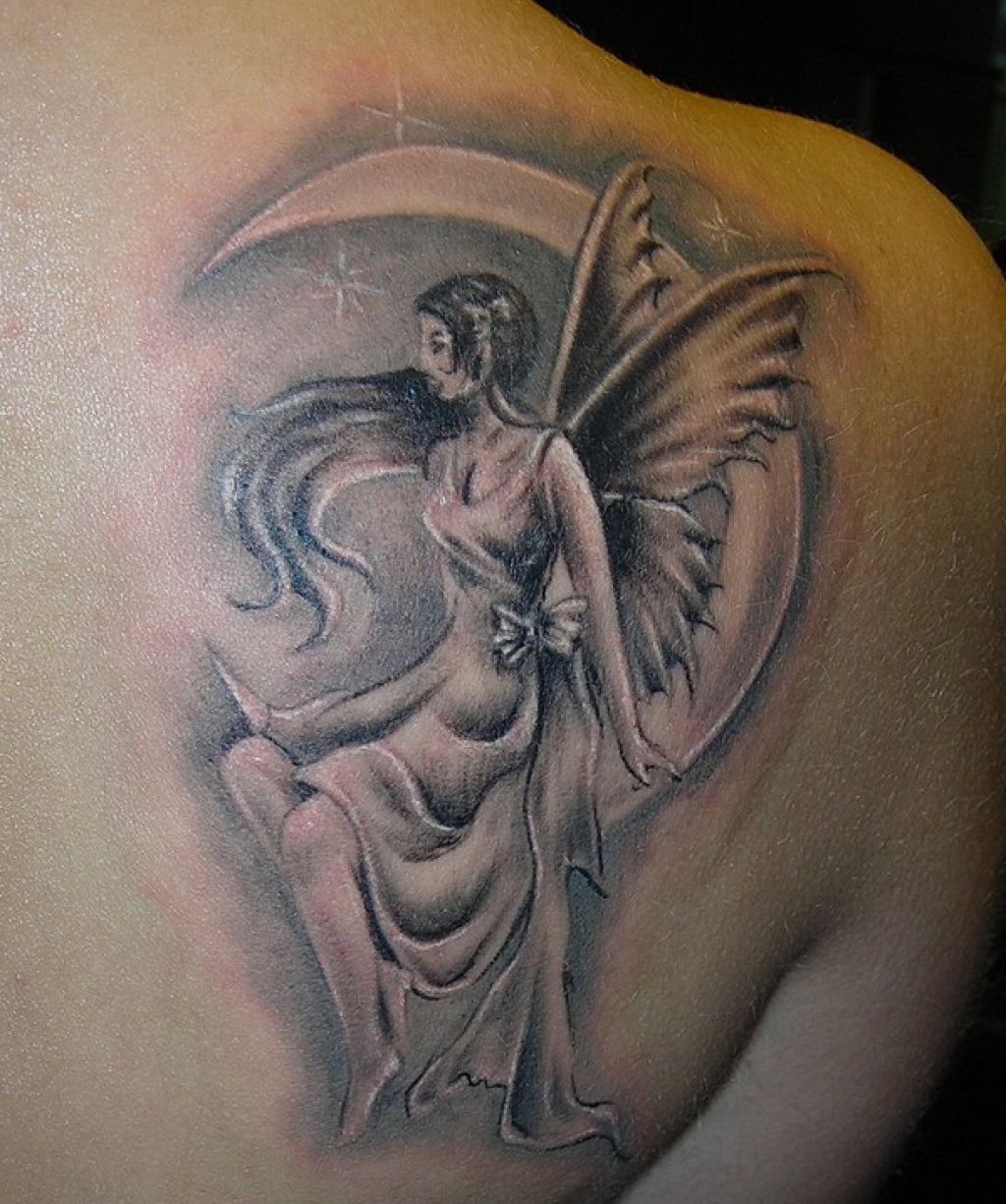 Grey Ink Realistic Fairy On Half Moon Tattoo On Right Back Shoulder