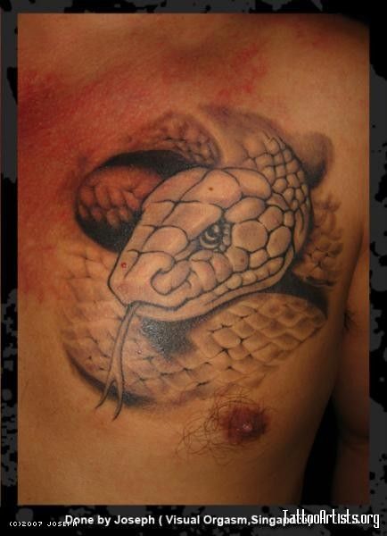 Grey Ink Realistic Snake Tattoo On Man Left Chest