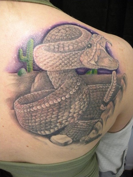 Grey Ink Realistic Snake Tattoo On Women Right Back Shoulder
