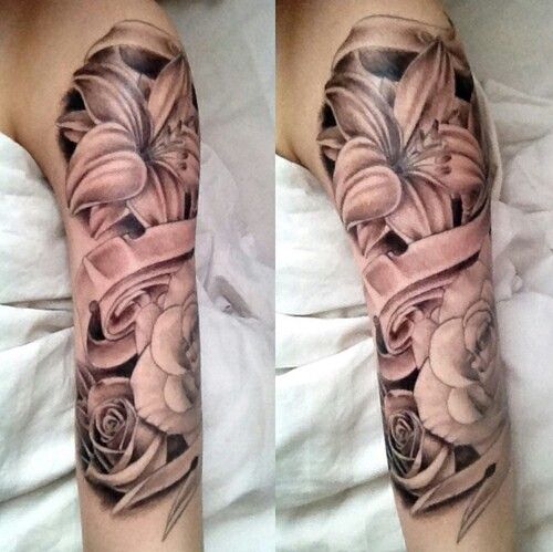 Grey Ink Rose Flower And Lily Tattoo On Sleeve