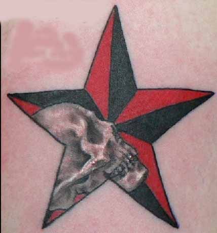 Grey Ink Skull And Nautical Star Tattoo