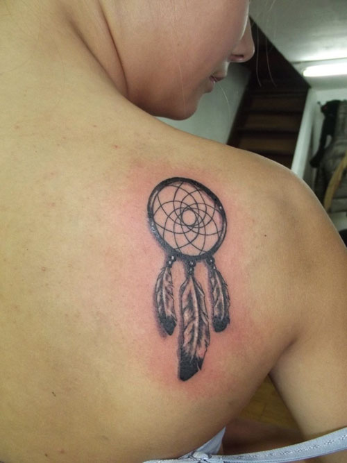 Grey Ink Small Dreamcatcher Tattoo On Right Back Shoulder