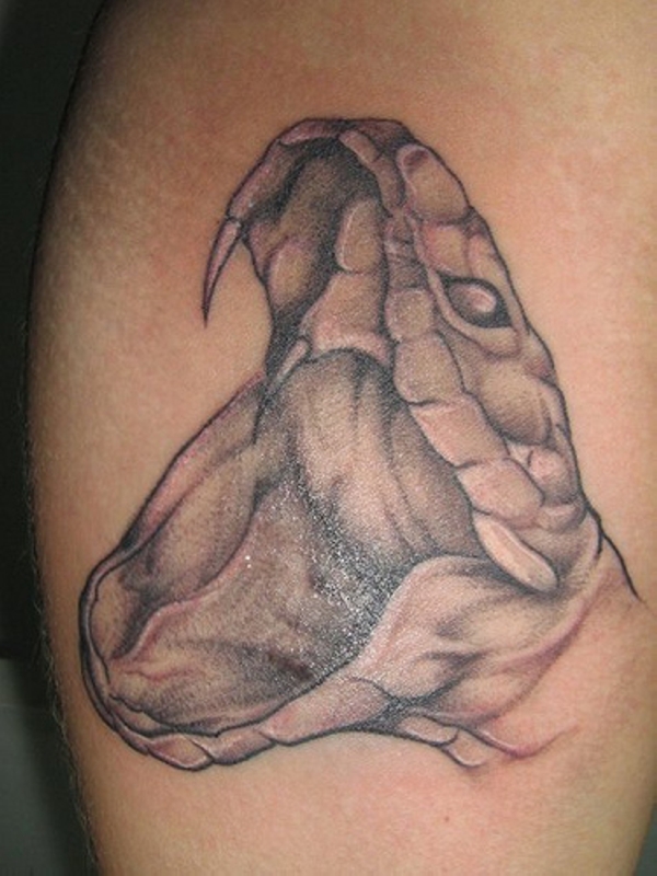 Grey Ink Snake Head Tattoo Design For Leg Calf