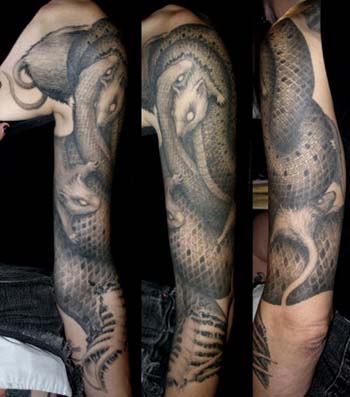 Grey Ink Snake Tattoo On Left Half Sleeve