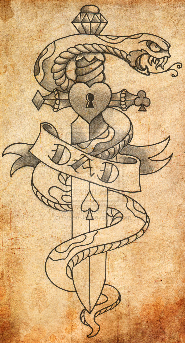 Grey Ink Snake With Dagger And Dad Banner Tattoo Design
