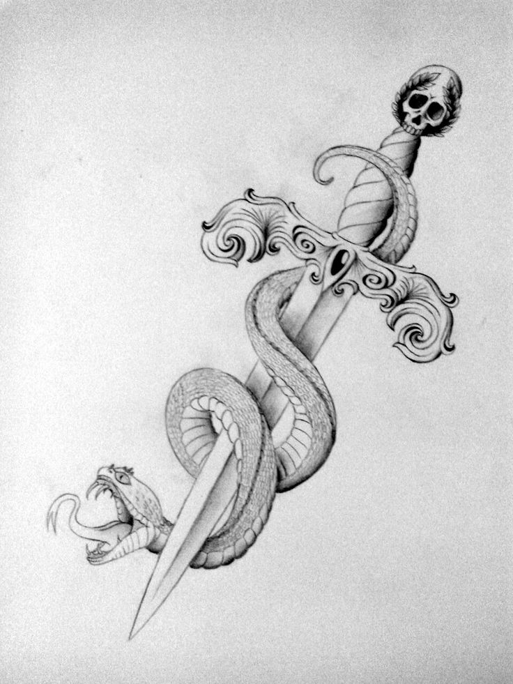 Grey Ink Snake With Dagger Tattoo Design
