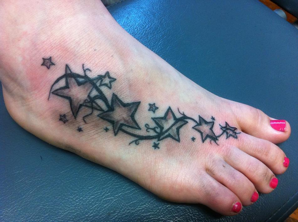 Grey Ink Star Tattoos On Girl Right Foot