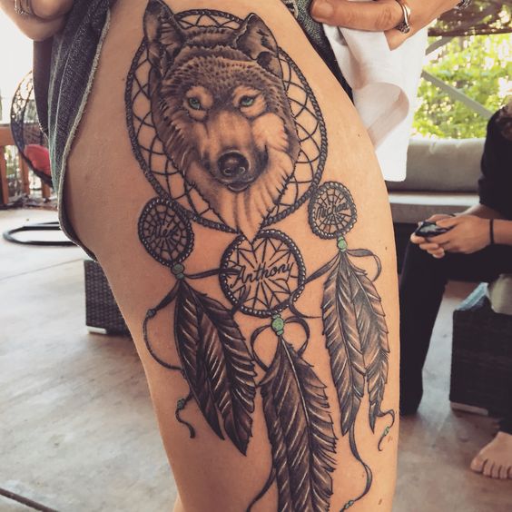 Grey Ink Wolf Head Dreamcatcher Tattoo On Side Thigh