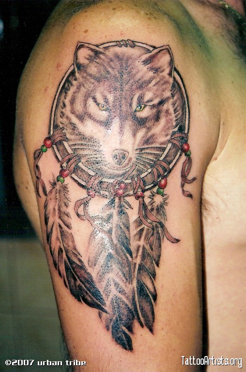 Grey Ink Wolf Head In Dreamcatcher Tattoo On Right Shoulder