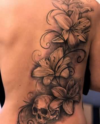 Grey Lily Flowers Tattoo On Girl Full Back