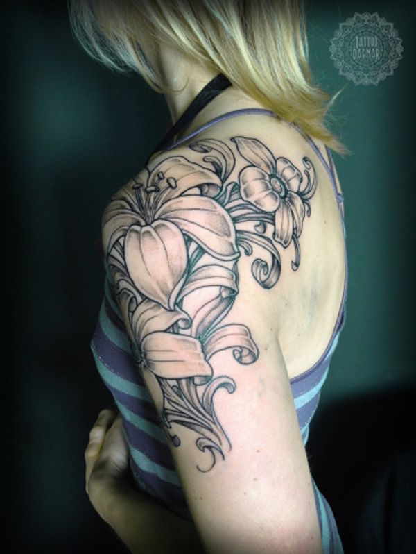 Grey Lily Flowers Tattoo On Left Shoulder For Girls