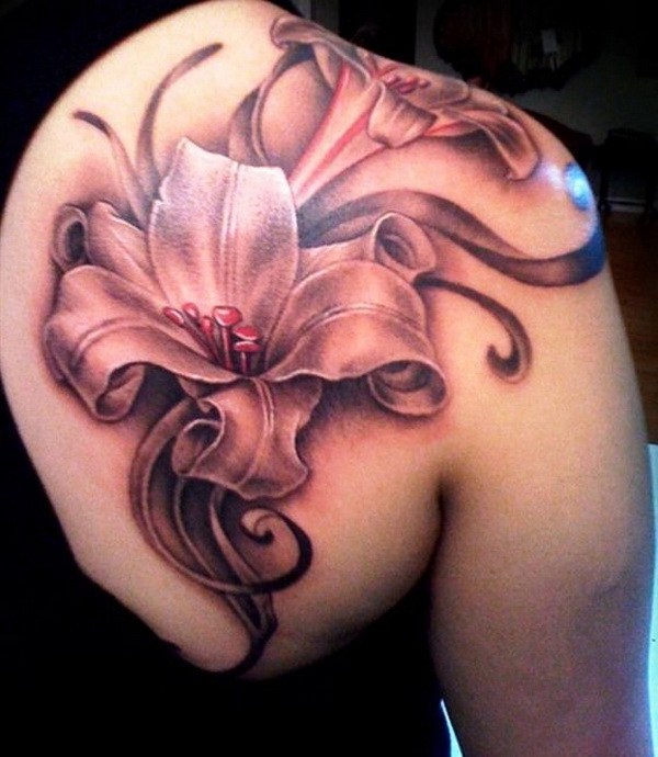 Grey Lily Tattoo On Right Back Shoulder