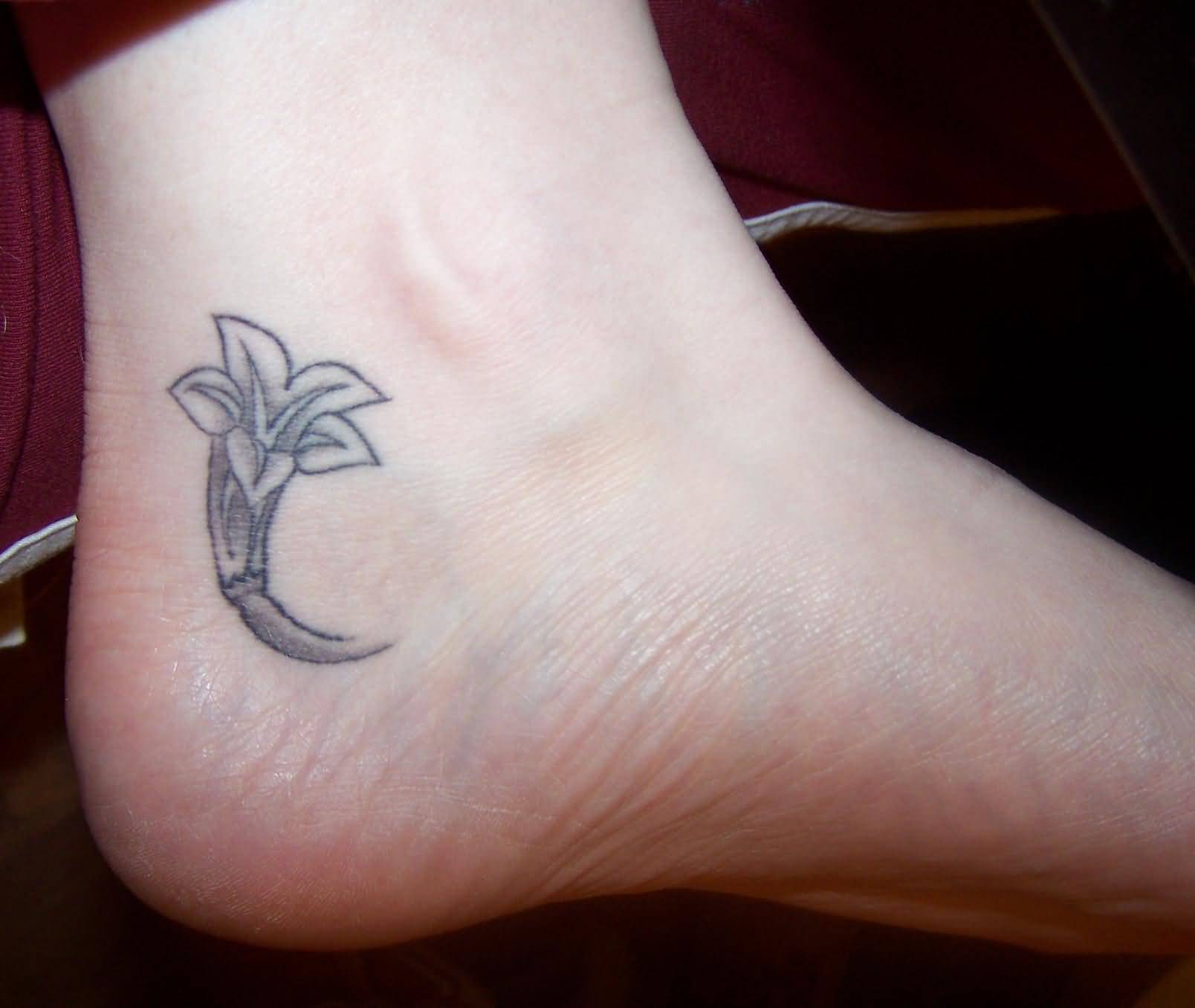 Grey Outline Lily Tattoo On Ankle