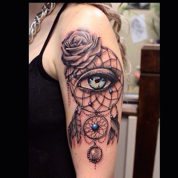 Grey Rose Flower And Dreamcatcher Tattoo On Left Bicep