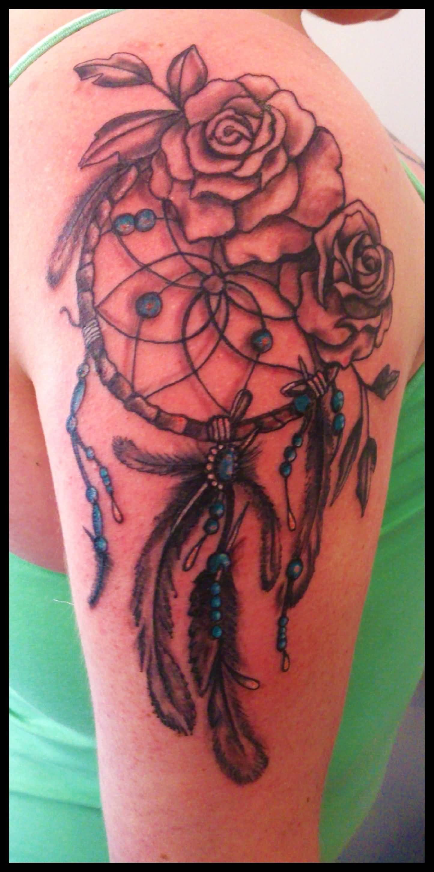 Grey Rose Flowers And Dreamcatcher Tattoo On Girl Right Shoulder