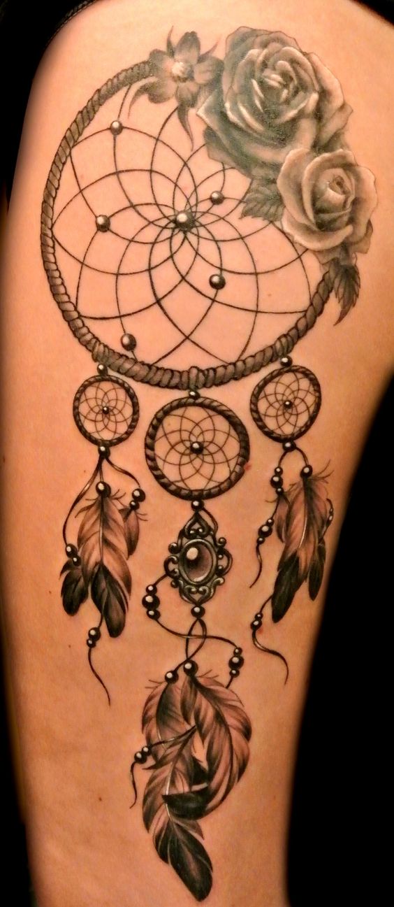 Grey Rose Flowers And Dreamcatcher Tattoo