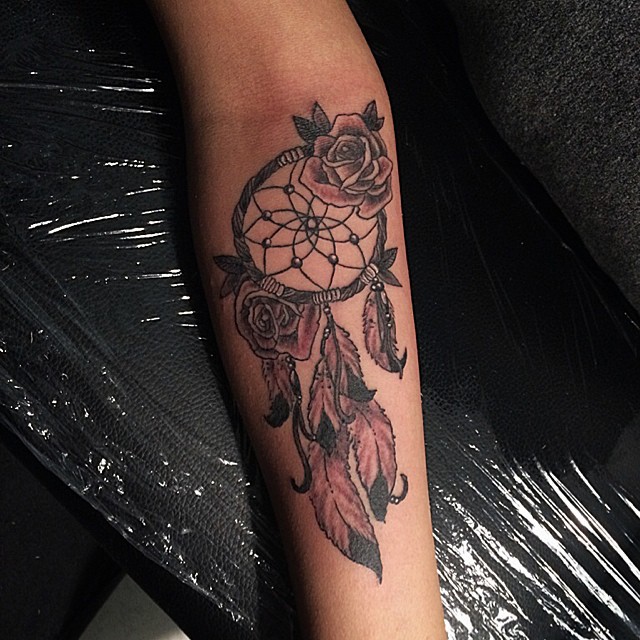 Grey Roses Dreamcatcher Tattoo On Forearm