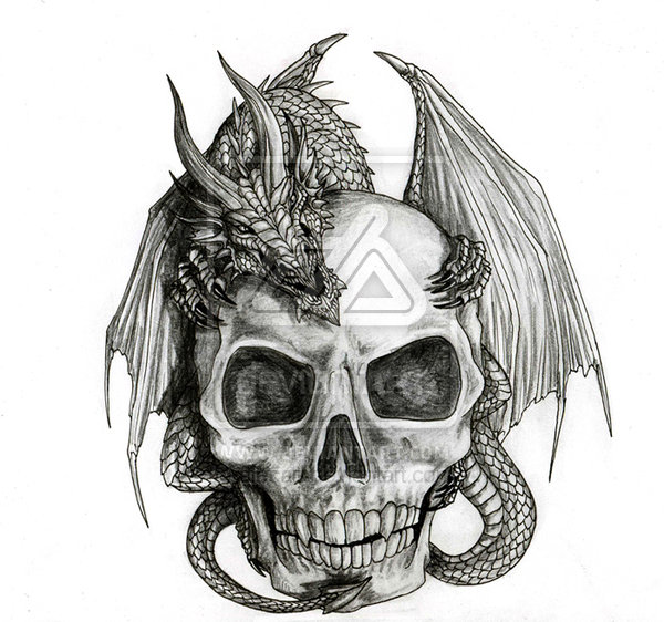 Grey Skull And Dragon Tattoo Design