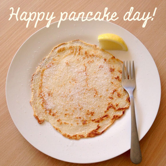 Happy Pancake Day Pancake In Plate With Lemon And Folk