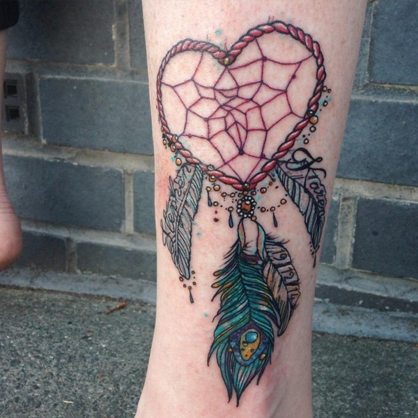 Heart Dreamcatcher Tattoo On Side Leg