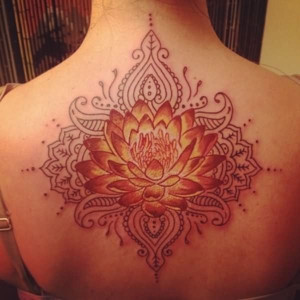 Henna Lotus Flower Tattoo On Girl Upper Back