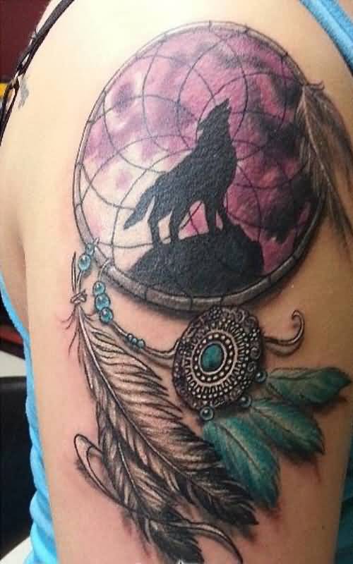 Howling Wolf In Dreamcatcher Tattoo On Right Half Sleeve