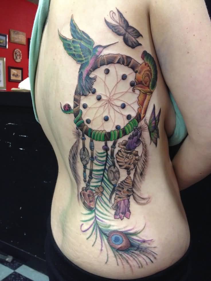 Hummingbird And Dreamcatcher Tattoo On Side Rib