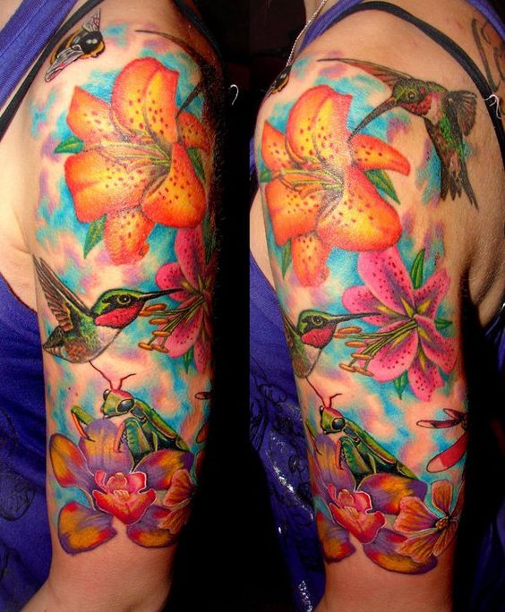 Hummingbird And Tiger Lily Tattoo On Half Sleeve