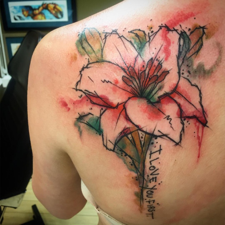 I Love You First Watercolor Lily Tattoo On Left Back Shoulder