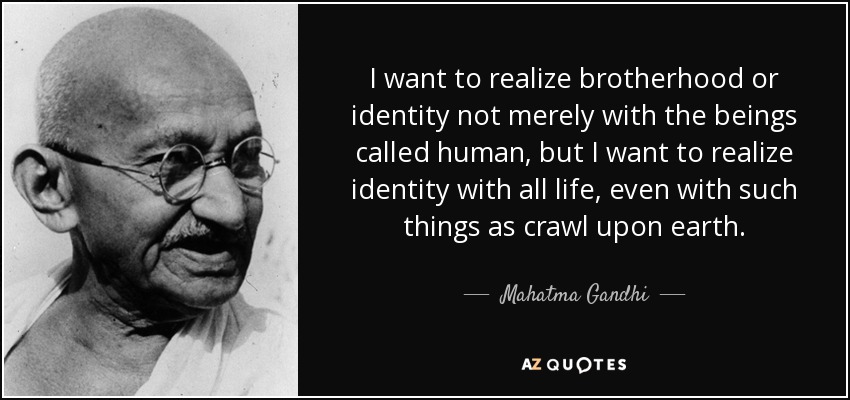 I want to realize brotherhood or identity not merely with the beings called human, but I want to realize identity with all life, even with such things as crawl upon ... Mahatma Gandhi