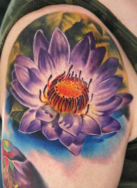 Impressive Japanese Lotus Tattoo On Right Shoulder